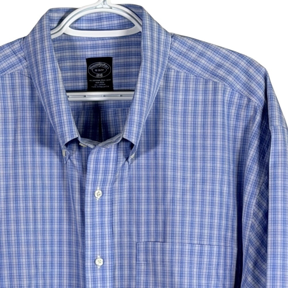 Brooks Brothersโ Button Down Shirt Mens 19 36/37 Blue Plaid 1818 Non-Iron Cotton